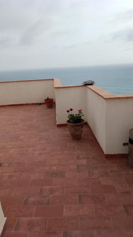 a balcony with two potted plants and the ocean at B&B Yle in Cetraro