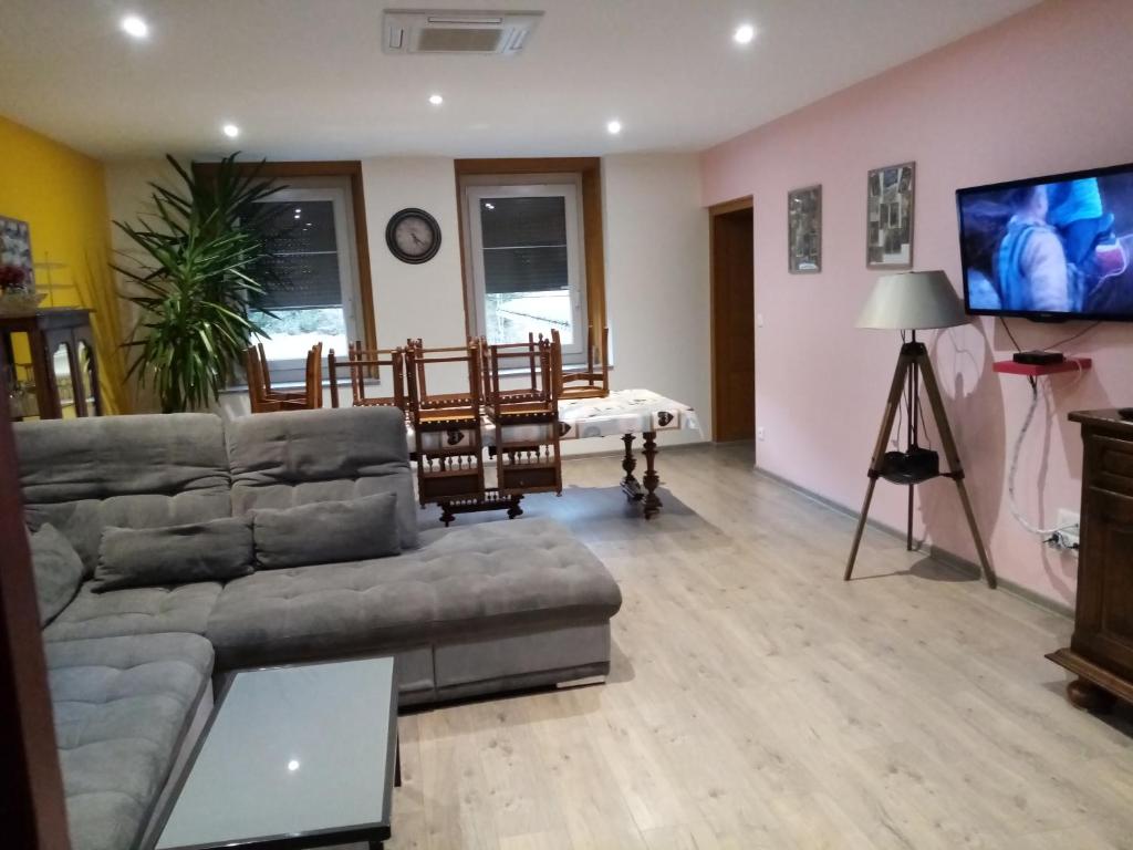a living room with a couch and a flat screen tv at Le Flocon in Prémanon