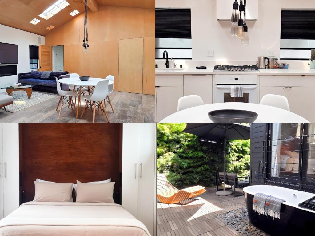 a kitchen and a living room with a bed at Private Venice Beach Luxury Bungalow, Outdoor Tub, Steps To Ocean & Abbot Kinney in Los Angeles