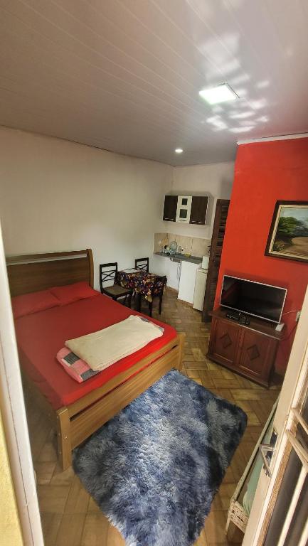 a bedroom with a bed and a living room at Kitnet Da Cláudia e Geovani in Miguel Pereira