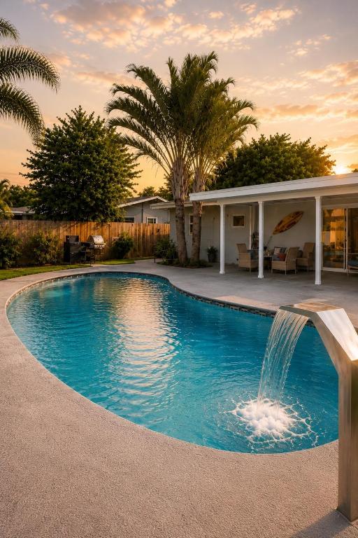 a swimming pool with a fountain in front of a house at Tropical Dream - Pool - Firepit - Gazebo in Largo