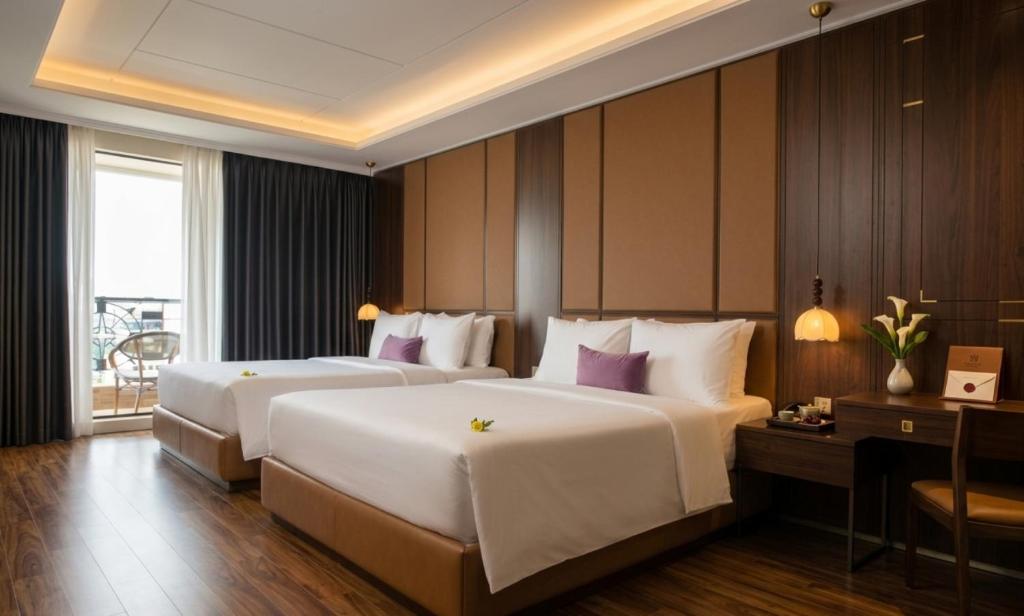 a hotel room with two beds and a desk at Bon Ami Hotel - Thiên Xuân in Ho Chi Minh City