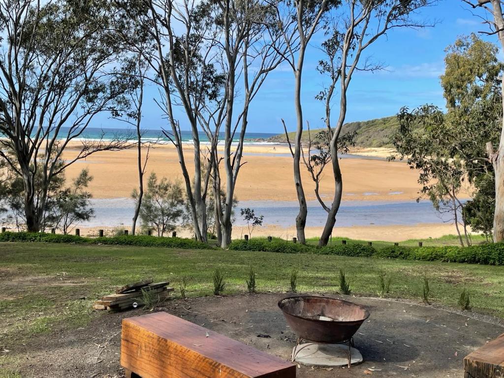 a park bench with a beach in the background at Reflections Moonee Beach - Holiday Park in Moonee Beach