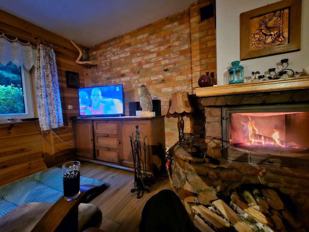 a living room with a fireplace and a tv at Mazurskidom Zaścianek in Świętajno