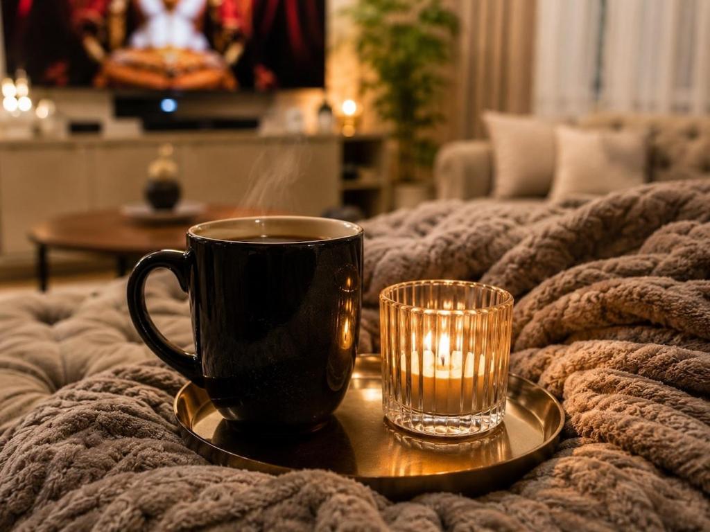 a coffee cup on a tray on a bed with a candle at The Luxury Orchid in Pietermaritzburg