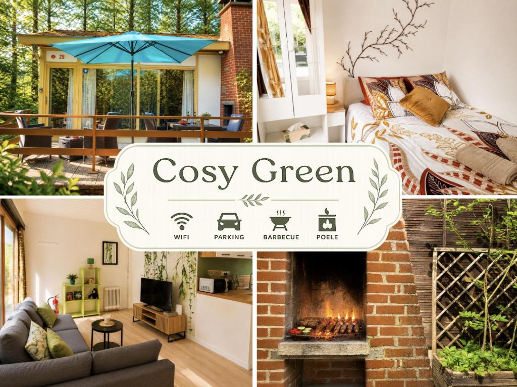 a collage of photos of a living room and a house at Cosy Green in Waulsort