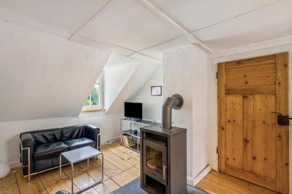 a living room with a couch and a fireplace at Large Apartment 60 M² With Garden in Emmendingen