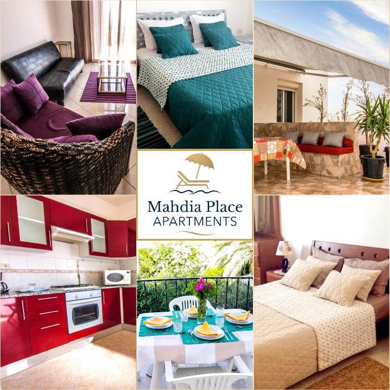 a collage of photos of a kitchen and a living room at Mahdia Place Apartments in Mahdia