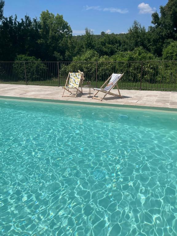 two chairs sitting next to a pool of water at Auberge Gardoise in Vallérargues
