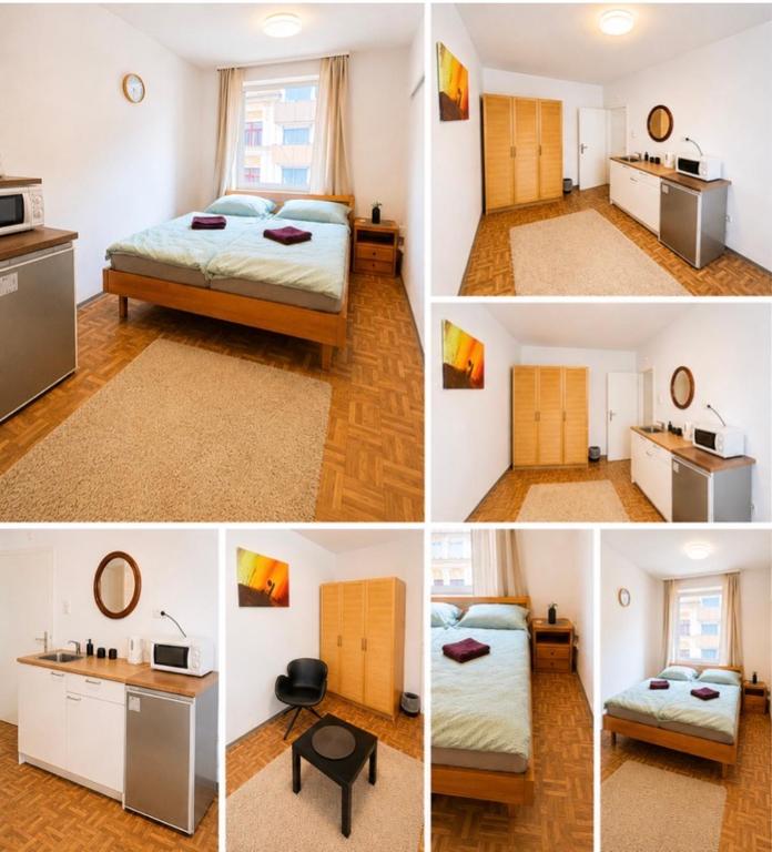 a collage of four pictures of a bedroom at Beenie 5 in Linz