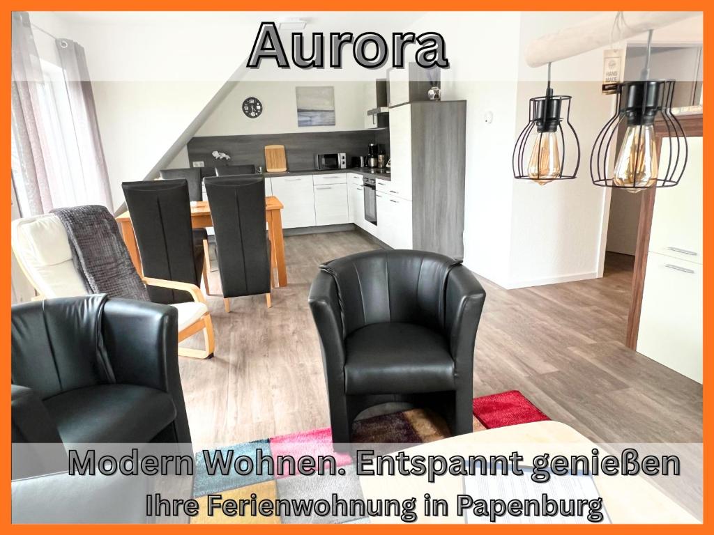 a living room with black chairs and a kitchen at "Aurora" Papenburg Dachterrasse Neubau 74qm EBK 2 Schlafzimmer bis 4 Personen Free WiFi in Papenburg