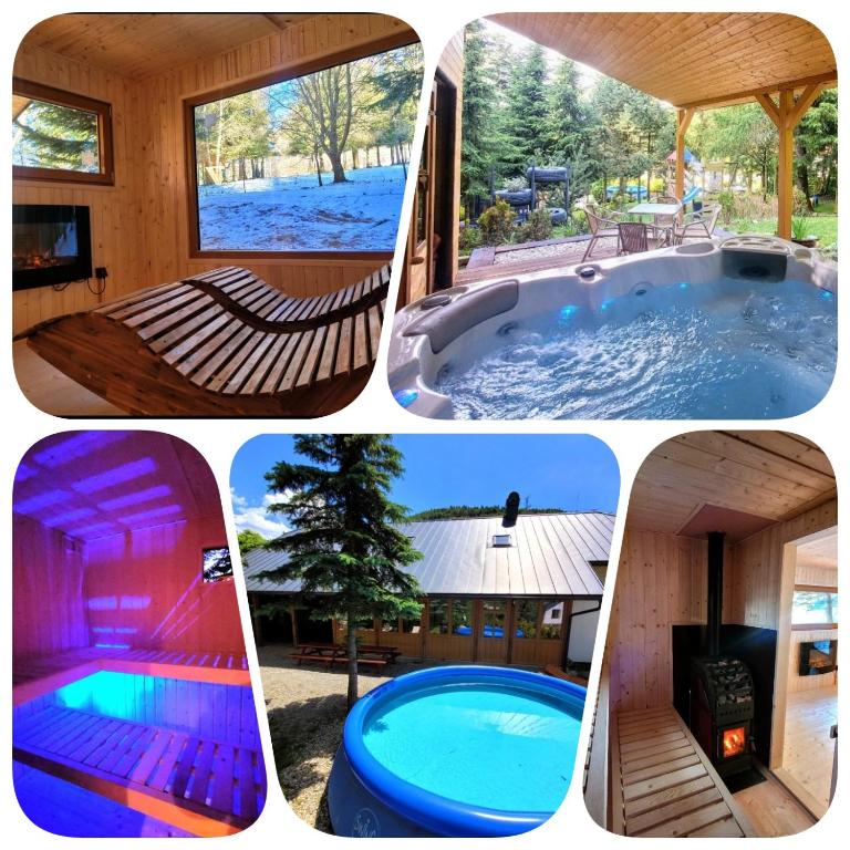 a collage of four pictures of a hot tub at Rezidence Kouty in Loučná nad Desnou