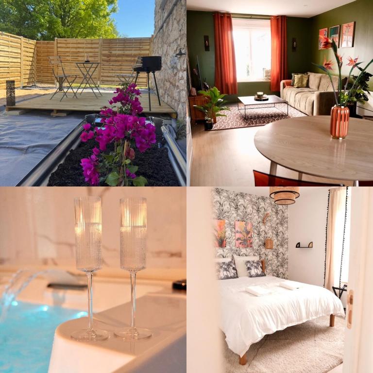 a collage of photos of a living room and a house at Jungle Room avec jacuzzi privé, rétro-projecteur, jardin & terrain de pétanque in Saint-Yzan-de-Soudiac