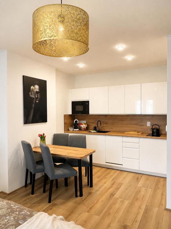 a kitchen and dining room with a wooden table and chairs at Central Comfort Studio Walkup in Slezská Ostrava