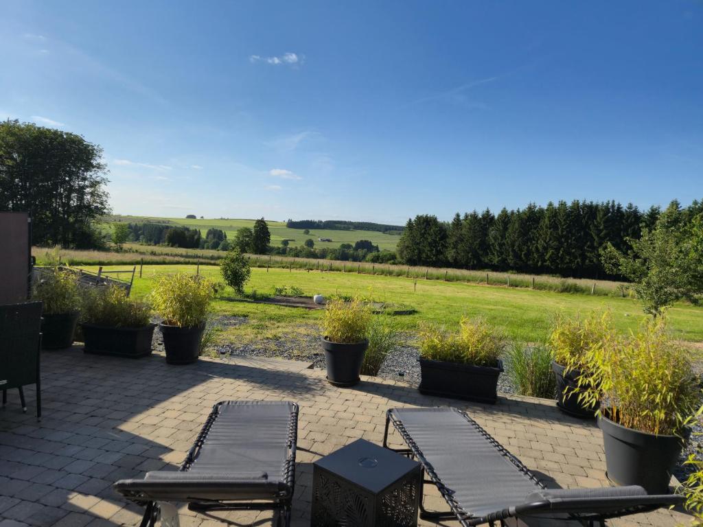 a patio with two tables and chairs and a field at Gîte L'Aventura in Vielsalm