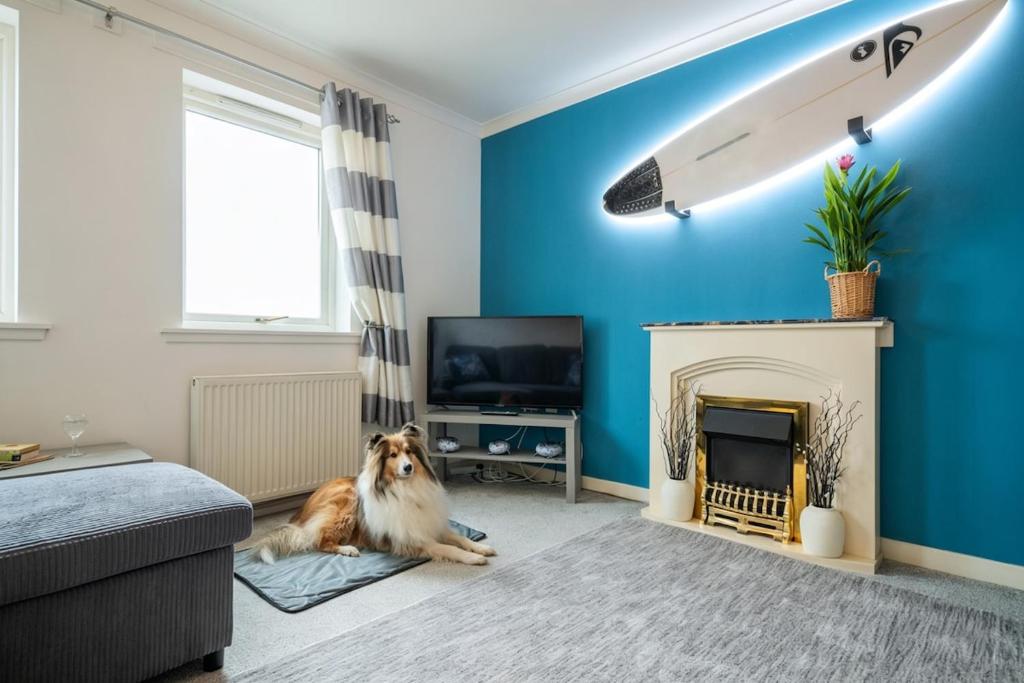 a dog laying on the floor in a living room at Surfer 2Bed GF Flat Central Thurso, Parking, Fibre in Thurso