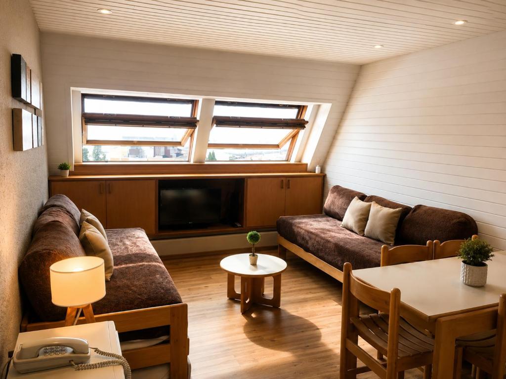 a living room with a couch and a tv at Departamento Boutique Las Leñas ATENAS in Las Lenas