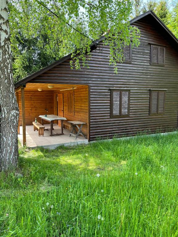 a cabin with a ping pong table in front of it at Ivói Faház in Izvoare