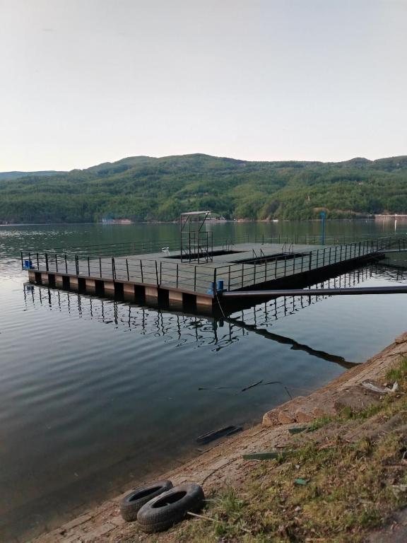 a dock with a playground on the water at Perucac Apartman in Perućac