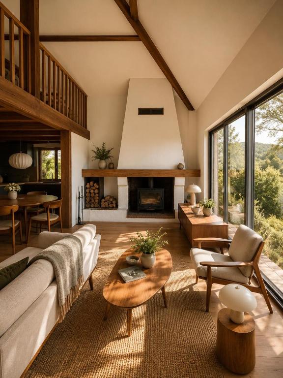 a living room with a couch and a fireplace at La Cabane de l'autre monde in Chavin