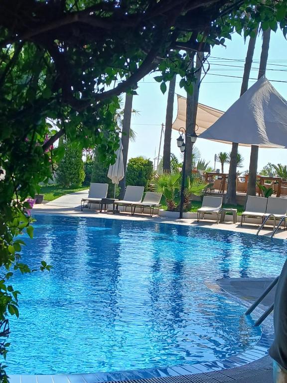 a swimming pool with chairs and an umbrella at On Hotel in Adrasan