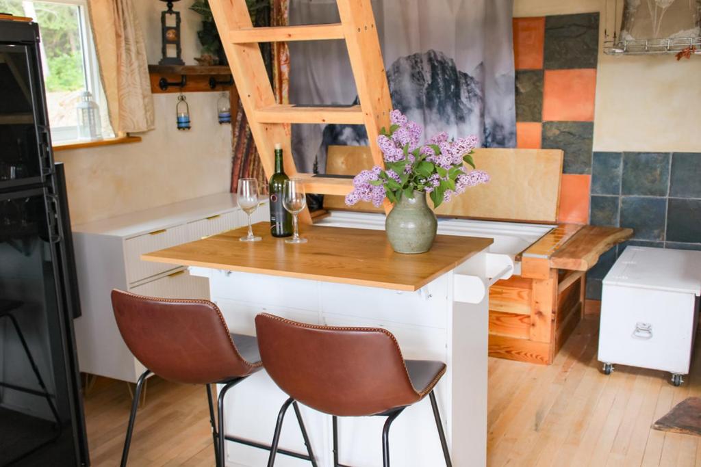 a kitchen with a counter with a vase of flowers at Goonieland Backcountry Sauna & Stays in Golden