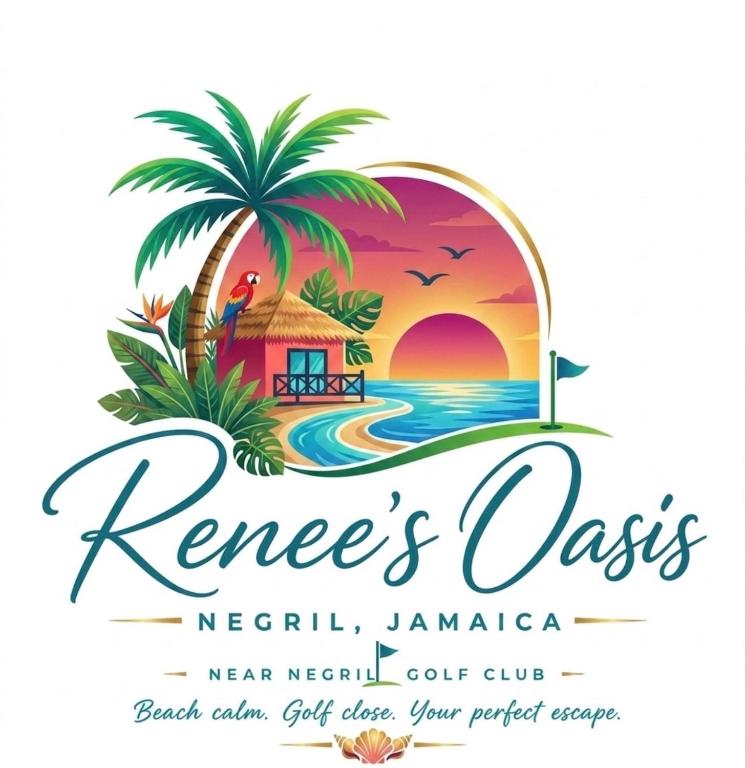 a logo for a resort with a palm tree and a sunset at Renee Oasis in Negril