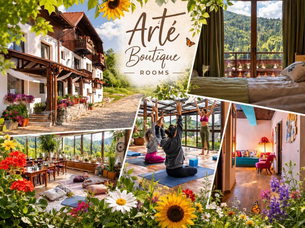 a collage of photos of a woman doing yoga in a garden at Art'e Boutique Rooms in Băile Tuşnad