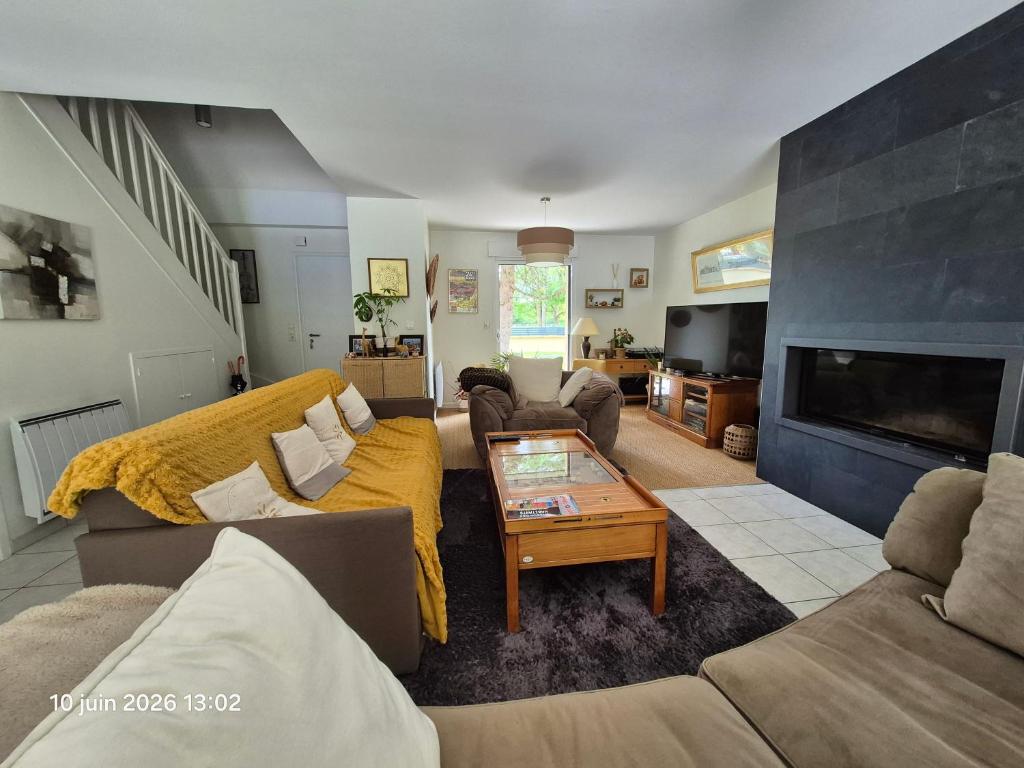 a living room with two couches and a tv at Chambres d'hotes PROCHE CIRCUIT in Arnage