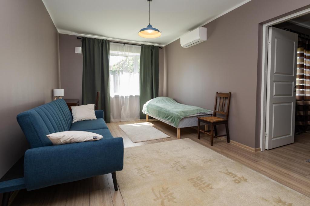a living room with a blue couch and a chair at Obinitsa Apartment in Obinitsa