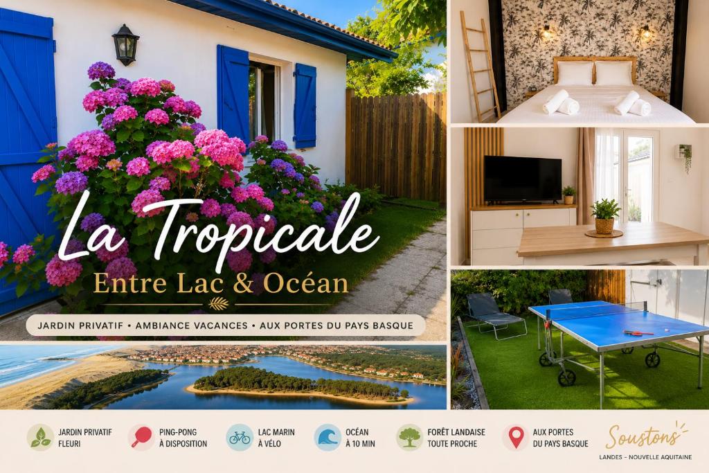 a collage of pictures of a house with flowers at La Tropicale - Terrasse Privée Entre Lac & Océan- C' LA VIEconciergerie in Soustons