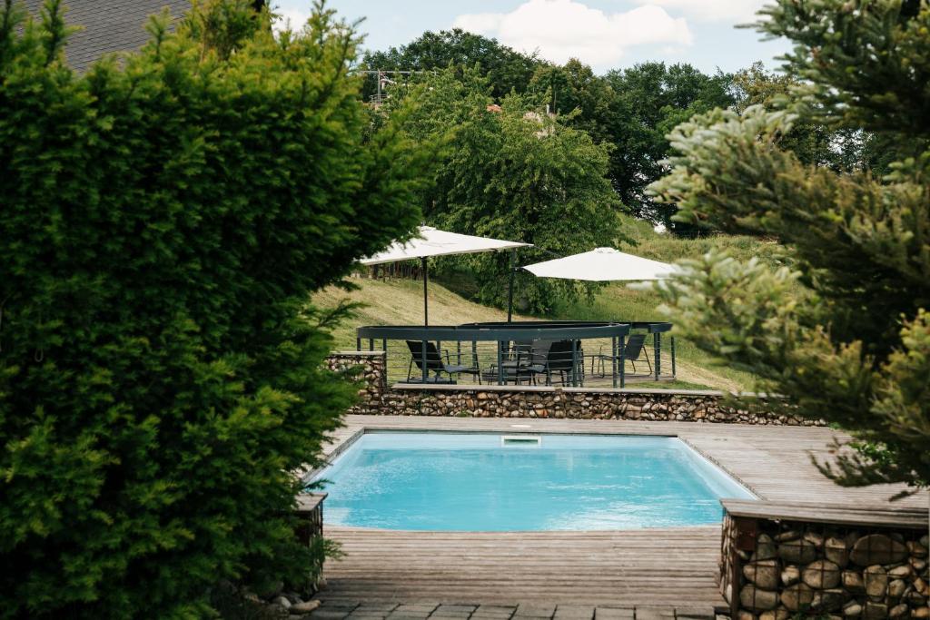 a swimming pool with a picnic table and umbrella at ILLYRHof in Gamlitz