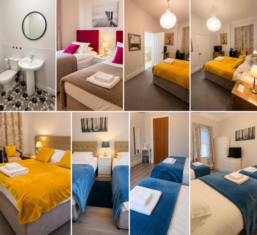 a collage of four pictures of a hotel room at The Beechwood in Leeds