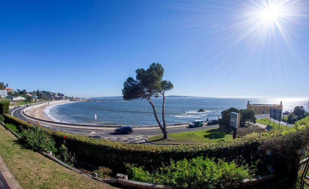 a road next to the ocean with a tree at Sea view Luxury Apartment in Paço de Arcos