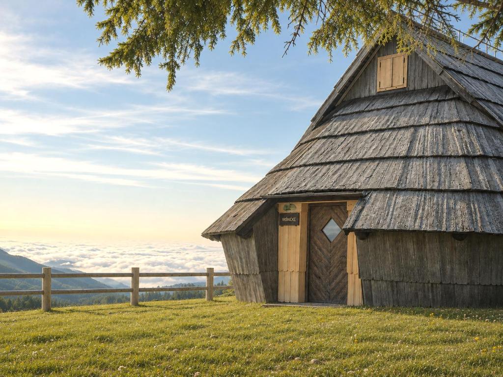 an old barn sitting on top of a hill at Chalet Velika Planina with Sauna - I FEEL ALPS in Stahovica