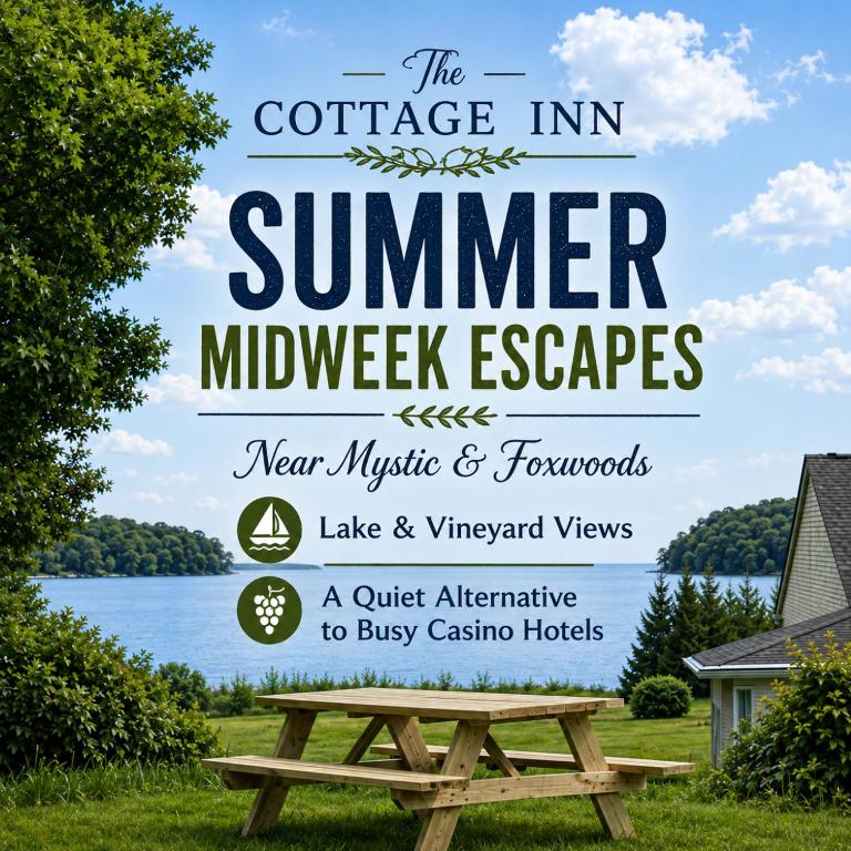 a poster for the conference in summer midweek escapes with a picnic bench at The Cottage Inn At Amos Lake in Preston