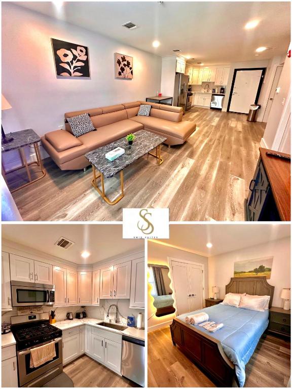 two pictures of a living room and a kitchen at The Chic Suite - 1BR with Luxe Amenities in Paterson