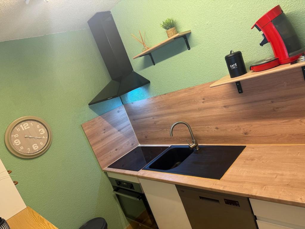 a kitchen with a sink and a clock on a green wall at L'Arletta in Saint-Cyprien-Plage