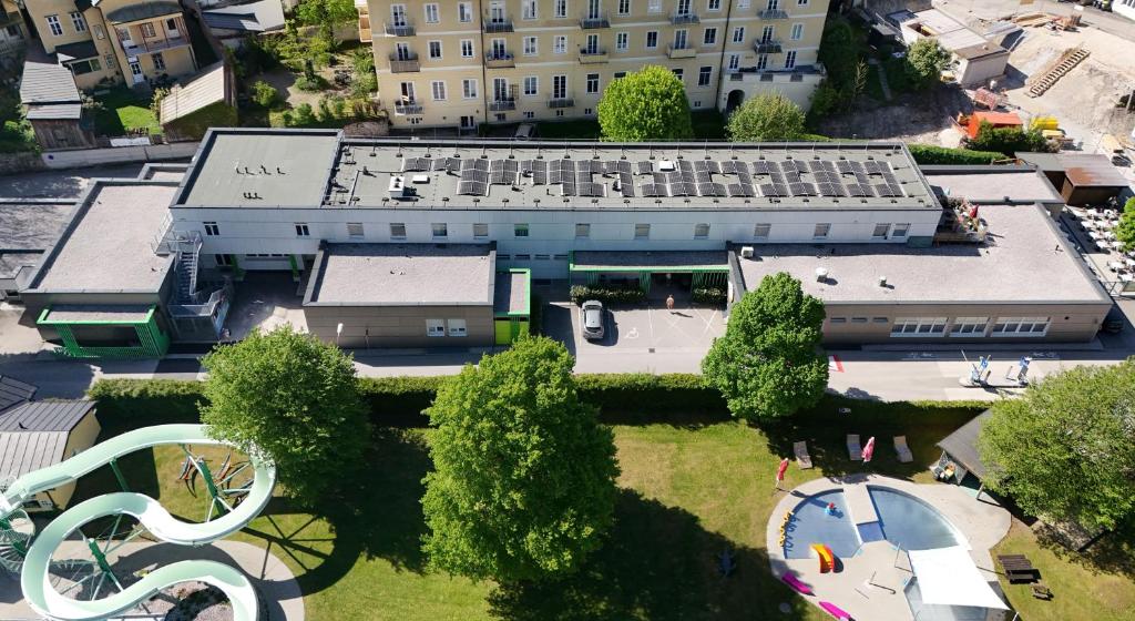 an aerial view of a large building in a city at Jugendgästehaus Bad Ischl in Bad Ischl