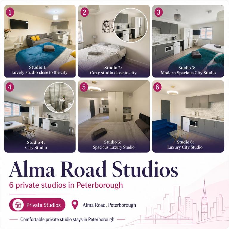 a collage of photos of a hotel room at Roomello luxury City Studios in Peterborough