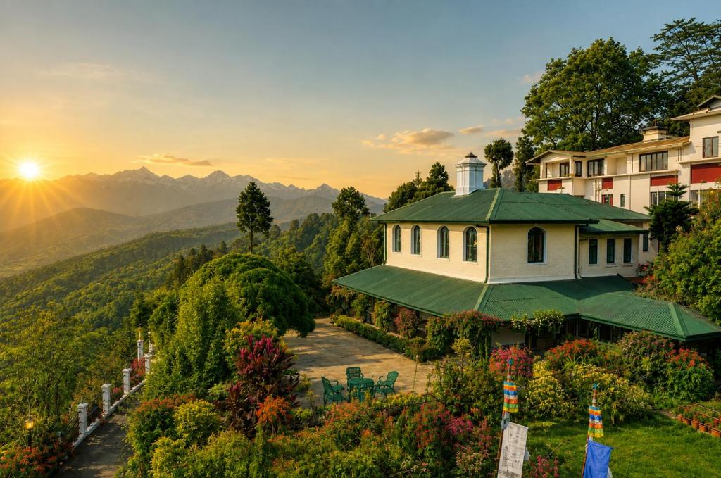 a house on a hill with the sunset in the background at Sterling Park Kalimpong in Kalimpong