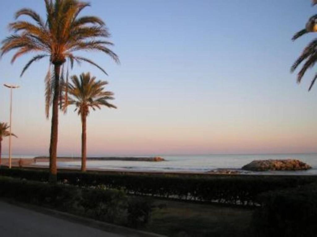 a view of a beach with palm trees and the ocean at Costadaurada2000 Sunset Beach Cunit in Cunit