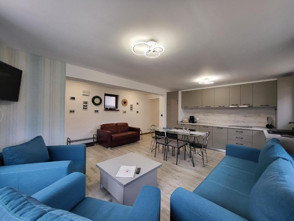 a living room with blue couches and a kitchen at Casa Anima Călimănești Căciulata in Călimăneşti