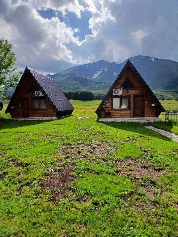 two houses in a field with mountains in the background at Guest House Višnja in Žabljak