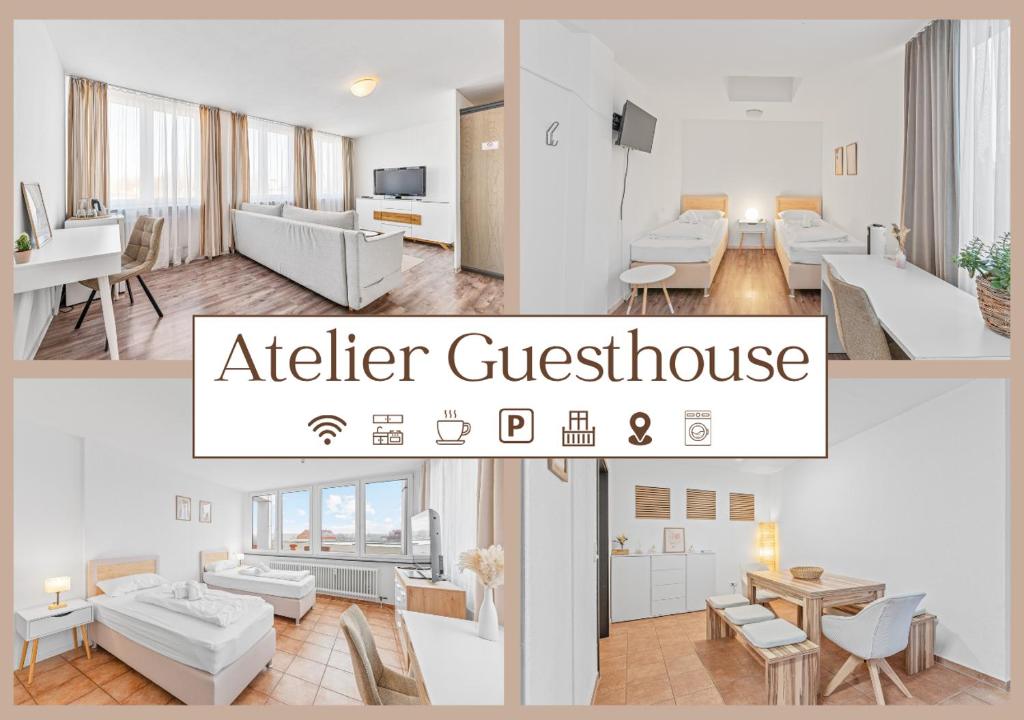 a collage of photos of a living room and a apartment at Atelier Guesthouse in Filderstadt