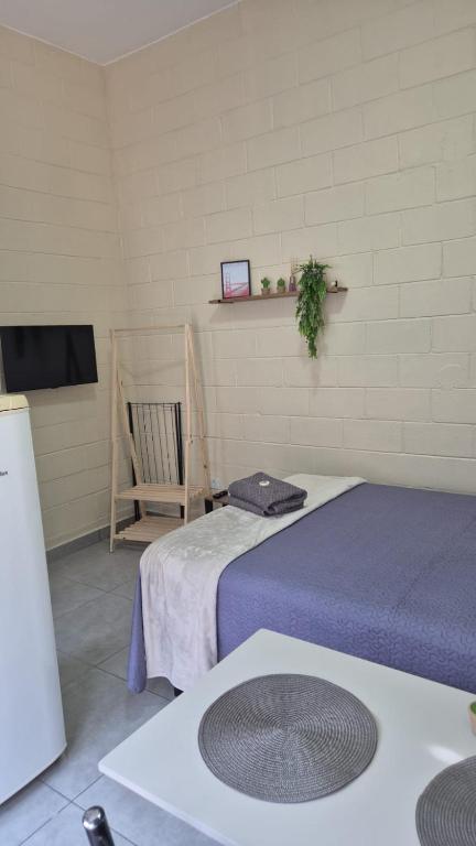 a room with two beds and a chair and a television at Kitnet Completa em Cotia com Garagem 04 in Cotia
