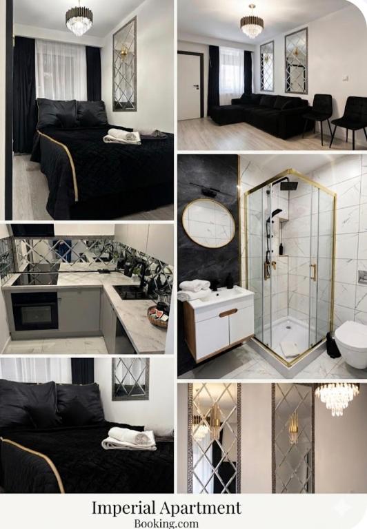 a collage of four pictures of a hotel room at Imperial Apartament in Gniezno