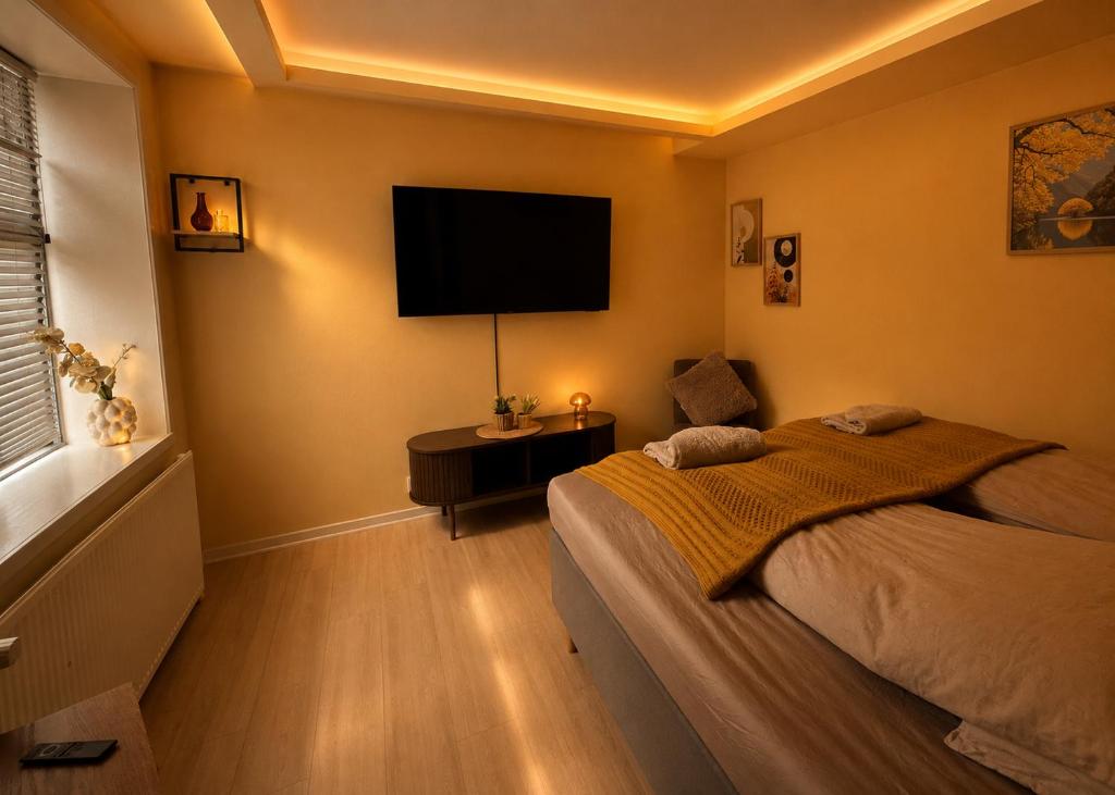 a bedroom with a bed and a flat screen tv at 4SEASONS - Amber Spring Suite in Aalborg