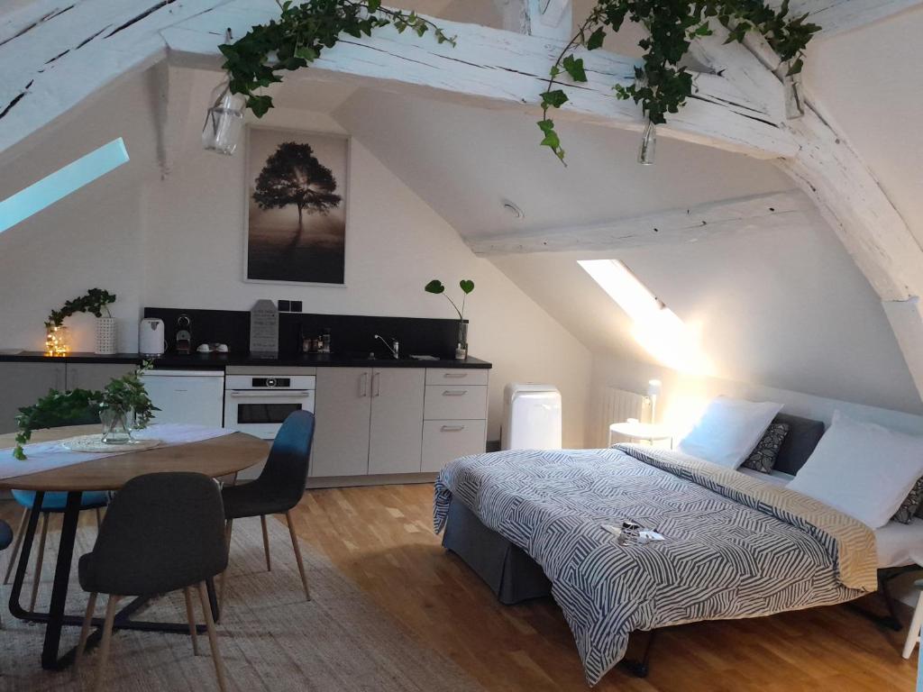 a bedroom with a bed and a table and a kitchen at Quiétude au Bord de Loire. in Orléans