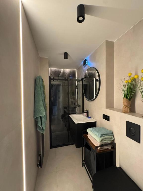 a bathroom with a shower and a sink and a mirror at NOVA Apartament Podgórze in Wałbrzych